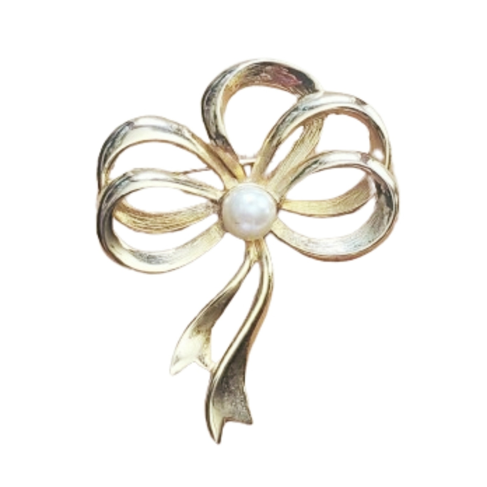 Gold Floral Double Loop Ribbon Bow Brooch Pearl Center